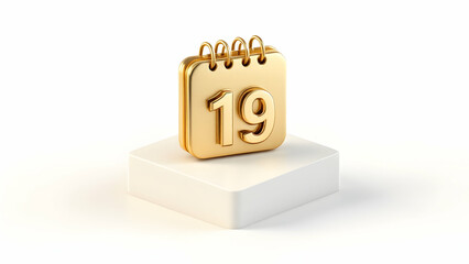 Golden Calendar Date Nineteen, 3D Render, Minimalist Design, White Background, Number 19, Desktop Calendar, Gold Spiral Binding, Luxury Style, Elegant Appointment Reminder