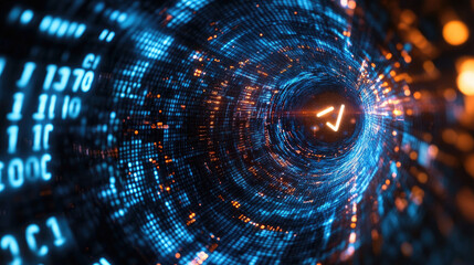 A digital tunnel of glowing data streams and symbols representing technology and information flow.