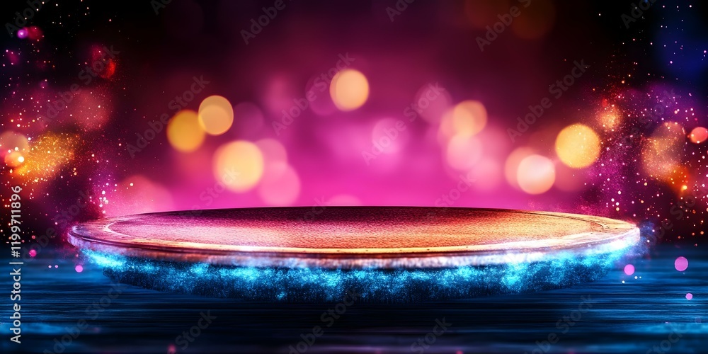 Poster a circular platform surrounded by colorful, sparkling lights and a blurred background, creating a ma