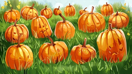 Vibrant Orange Pumpkins on Fresh Green Grass Outdoors Cartoon Illustration