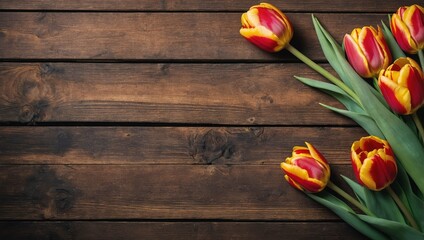 Frame of tulips on rustic wooden background with copy space