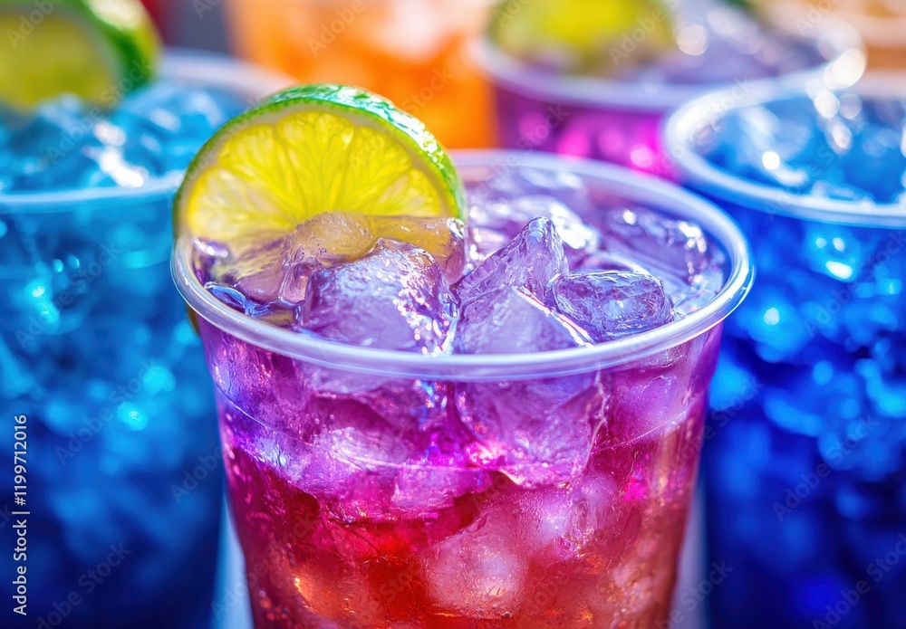 Aufkleber refreshing colorful drinks in clear cups with ice and lime slices perfect for summer parties and out