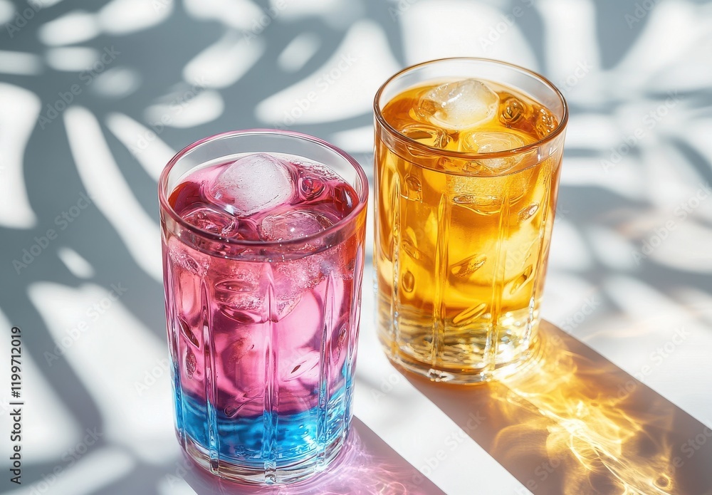 Poster refreshing colorful drinks in glasses with ice cubes and shadows creating an artistic background for