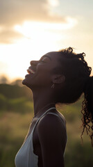 Joyful laughter echoing in the golden sunset over a serene landscape filled with warmth and happiness