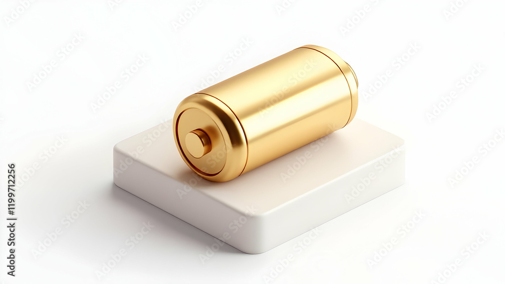 Poster a 3d rendering showcases a gold battery resting on a pristine white square platform against a stark 