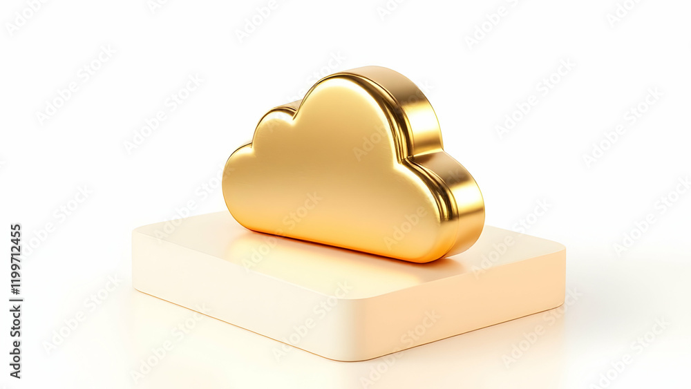 Poster a 3d rendered image shows a golden cloud icon, symbolizing cloud computing, data storage, and networ