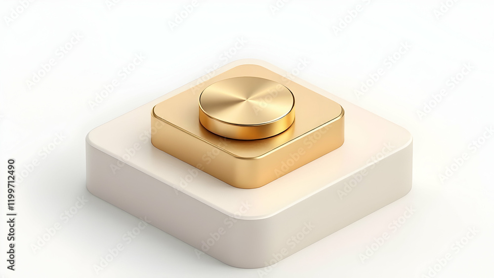 Poster a 3d render of a gold circular button atop a square gold base, which rests on a larger, offwhite squ