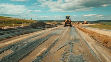 Fototapeta premium Bulldozer grading highway, rural landscape, construction