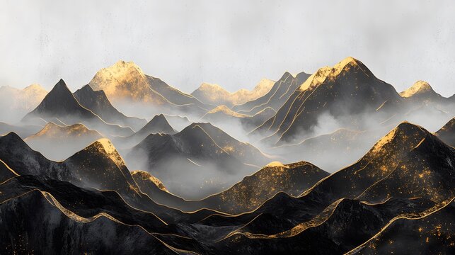 Gold and black textured mountains Textured 3D mural with black mountains and golden highlights, layered gray fog in the background