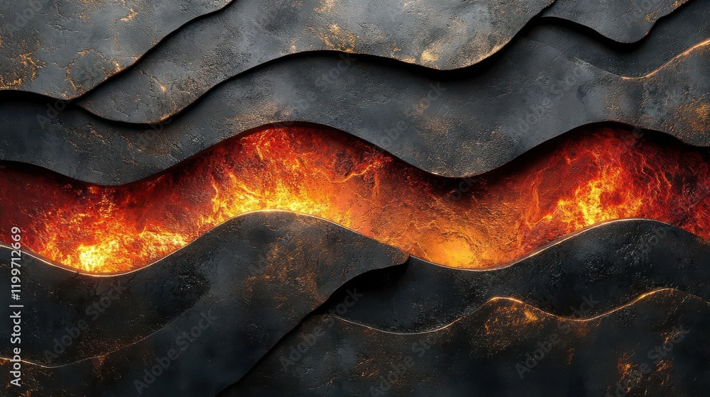 Poster a vibrant, textured image showcasing layers of dark material with glowing, molten lava intertwined, 