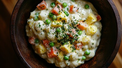 Creamy vegetable stew in wooden bowl on table.