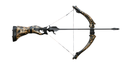 A detailed view of a modern crossbow on a white isolated background, showcasing its sleek design and camouflage pattern.