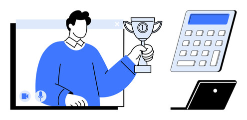 Person holding a trophy emerging from a video call screen, with a calculator and an open laptop nearby. Ideal for remote work success, virtual meetings, online achievements, teamwork, business goals