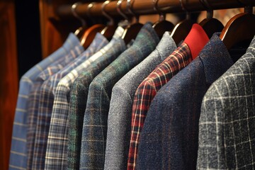 Obraz premium Variety of Men's Jackets on Hangers in a Clothing Store
