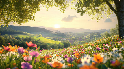 Fototapeta premium vibrant wildflowers in a sunny meadow with rolling hills and a picturesque landscape