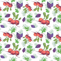 Radish root with sprigs of green herbs - basil, dill and parsley. Seamless pattern. Pencil-drawn illustration, graphics. For design, decor, textiles, printing, souvenirs