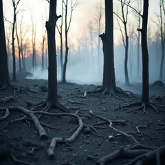A haunting depiction of the aftermath of a devastating forest fire. The barren, lifeless landscape serves as a stark reminder of nature's fragility and the destructive power of wildfires.
