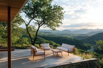 Outdoor terrace with classic midcentury modern furniture scenic overlook landscape photography serene environment wide angle view tranquil concept