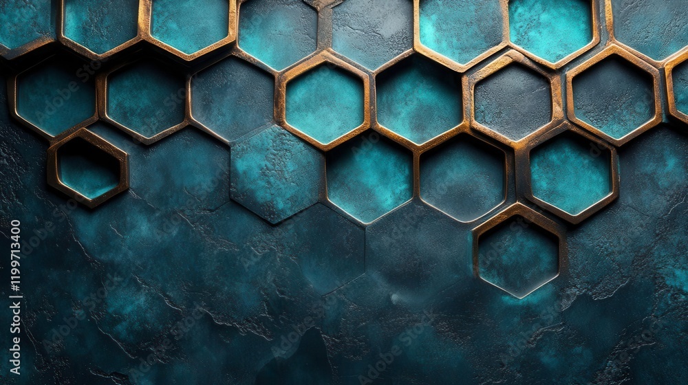 Poster a textured background featuring hexagonal patterns with a blend of teal and bronze colors.