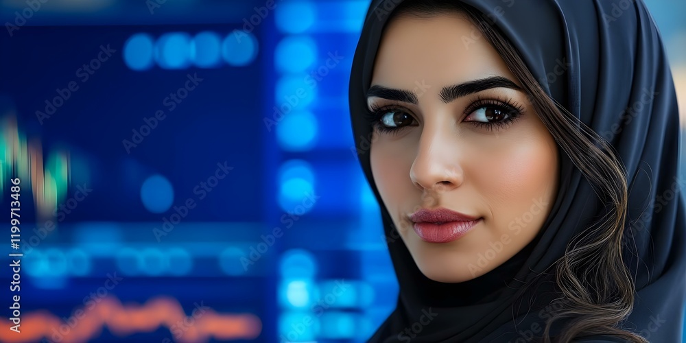 Poster a woman wearing a hijab stands in front of a digital screen displaying financial graphs and data. co