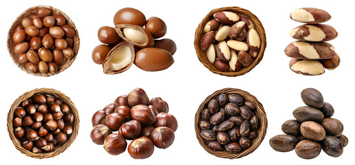 Collection of 4 set basket of nut seed fruit kernel, Argan, Brazil, Chestnut, shea, in whole stack and pile on transparent background cutout PNG. Mockup template for artwork design

