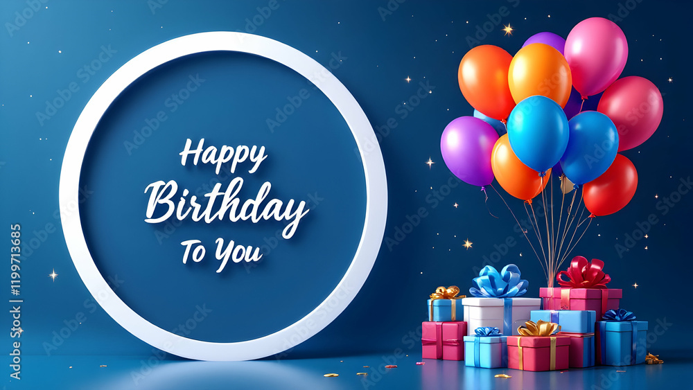 Poster a 3d rendering shows a happy birthday message with colorful balloons floating above a pile of presen