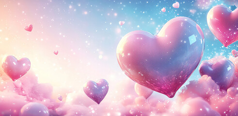 Valentine's Day background, soft pink and blue hearts, soft glow effect, gradient sky with stars, dreamy atmosphere, pastels, cute, light pink halo effect around the heart, pink fluffy clouds, glitter