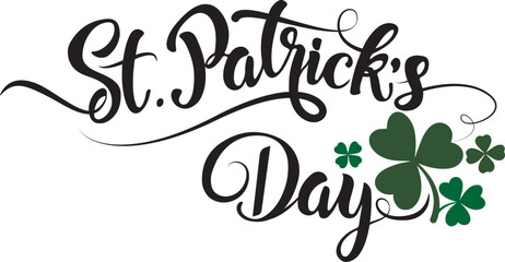 Happy St. Patrick's Day lettering poster with green shamrock. Traditional Irish holiday. For greeting cart, poster, banner, flyer, web page, social media. Isolated vector illustration	