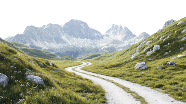 Dirt road winding through grassy field with mountains in the background under a clear blue sky isolated on a white background. - Powered by Adobe