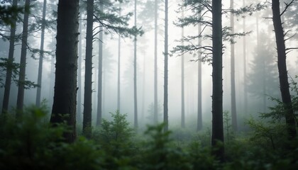 Obraz premium Misty Forest with Tall Pine Trees in Morning Light