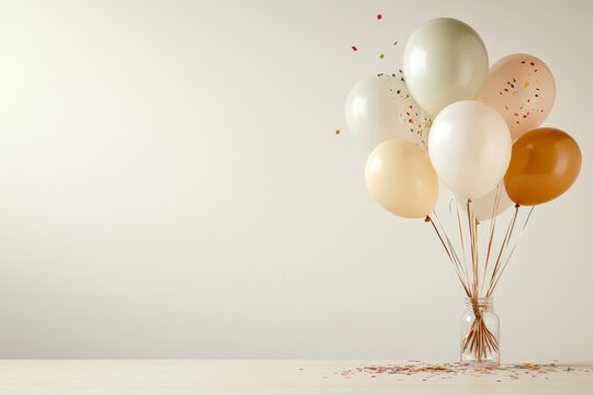 Colorful balloons arranged in a vase with confetti on a table for a festive celebration setting