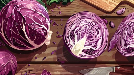 Vibrant Flat Lay Composition of Red Cabbage on Table - Cartoon Style