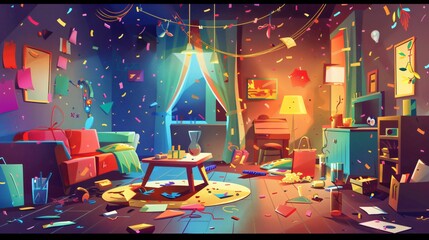 After New Year Party Chaos: Cartoon Style Room Mess Cleanup Vector Illustration