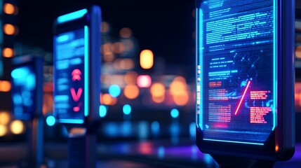 Futuristic digital displays with glowing interfaces in a vibrant urban setting at night.