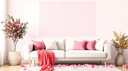 Cozy living room with a sofa, heart-shaped pink and red decorations for Valentine's Day, and a soft pastel backdrop