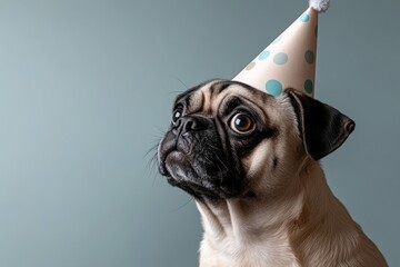 Pug celebrating its birthday with a party hat on, showing excitement and joy while posing against a plain background