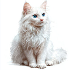 Fototapeta premium Fluffy white cat with striking blue eyes, sitting gracefully and alert