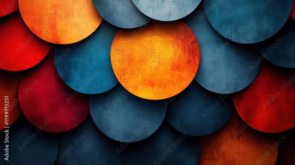 Poster a vibrant array of overlapping circular shapes in warm and cool tones, creating a dynamic and textur