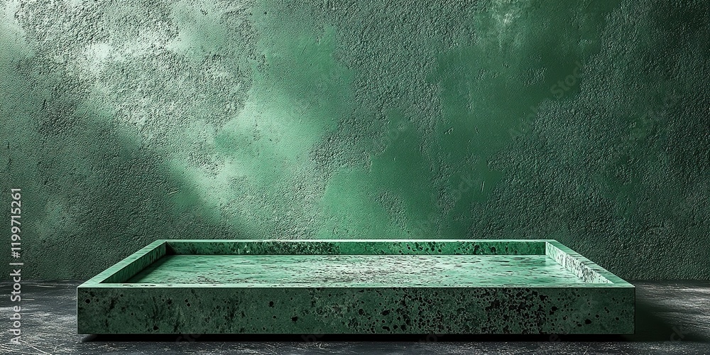 Poster green textured background with a rectangular stone tray on a dark surface in a minimalist setting
