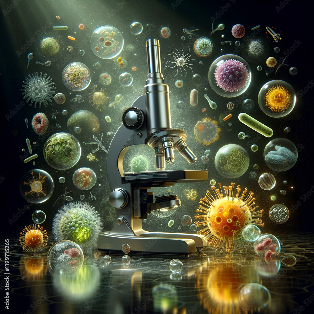 Poster 3d rendering microscope and virus