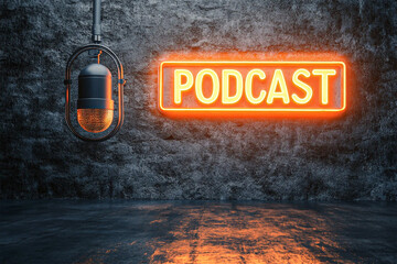 A close shot of a microphone and a 3D orange neon sign that reads "PODCAST", placed on a textured wall. Podcast concept.