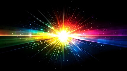 Cosmic explosion, rainbow spectrum, starburst, vibrant colors, dark space background, radiant energy, prismatic light rays, celestial event, dazzling brightness, stellar phenomenon, kaleidoscopic burs