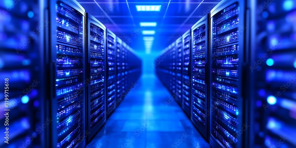 Poster a corridor of data servers with blue lighting, showcasing numerous computer racks in a high-tech ser