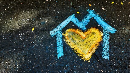 Chalk Drawing of House with Heart in Blue and Yellow on Asphalt