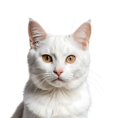 A close-up portrait of a white cat with striking yellow eyes against a black background.
