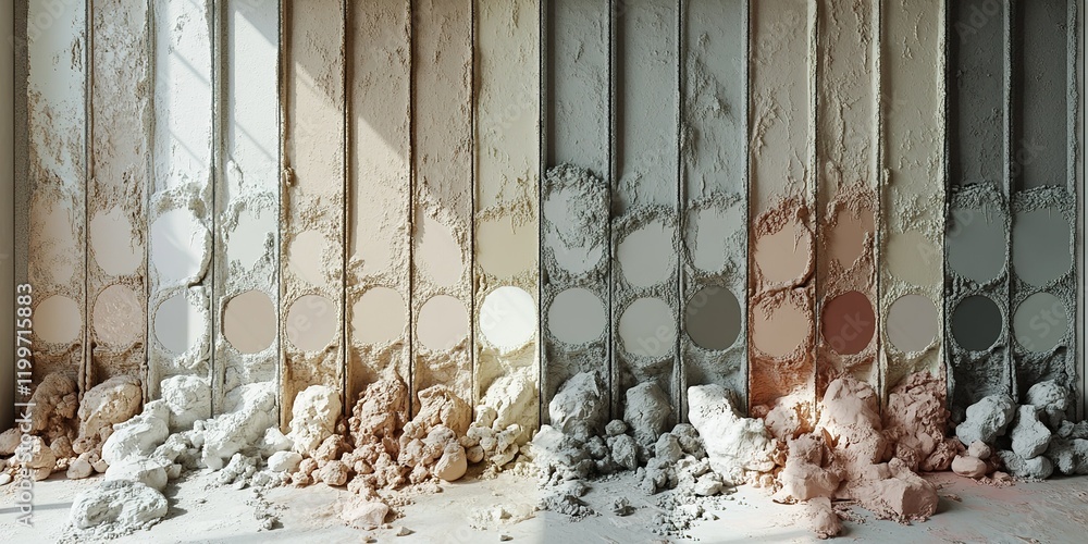 Poster colorful display of powdered materials arranged in gradient on vertical surfaces in an artful instal