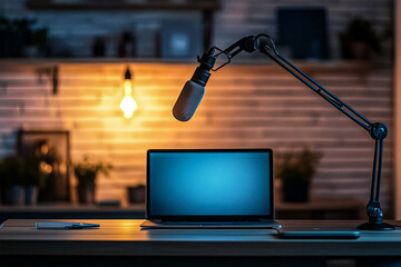 Modern Podcast Setup with Laptop and Microphone on Desk in Cozy Studio with Warm Lighting and Shelves in Background