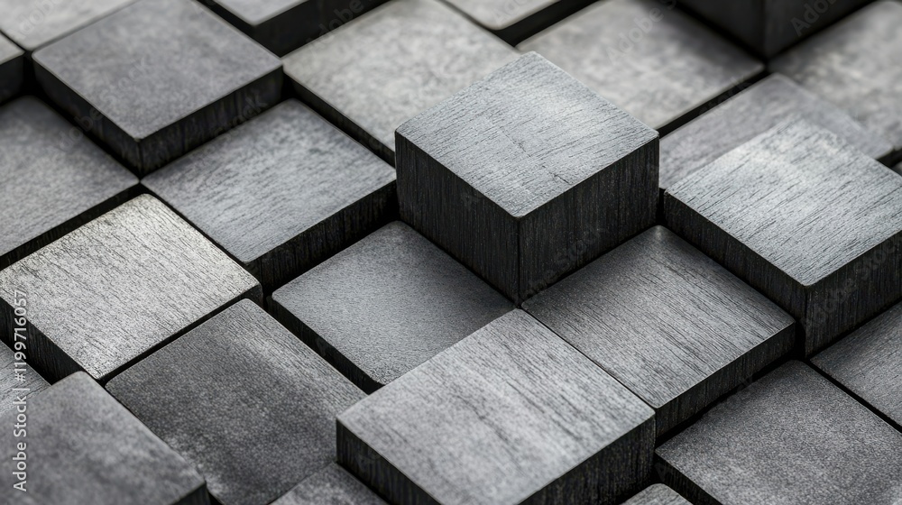 Poster close-up view of textured gray wooden blocks arranged in a geometric pattern, showcasing depth and d