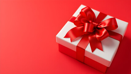 Small red gift box with white ribbon and bow on pink background. copyspace. banner. the concept of a gift for the day of all lovers, valentine's day or mother's day