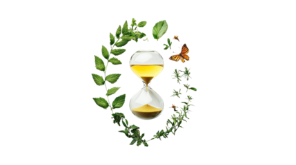 An artistic hourglass surrounded by vibrant leaves and a butterfly, symbolizing the passage of time and the beauty of nature.